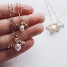 Yellow Gold Pearl Bee Necklace Bee Necklace Gold Pearl Pearls
