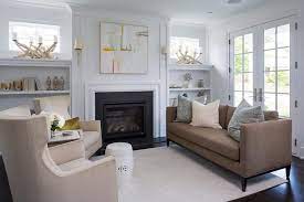 Milk Chocolate Brown Sofa With Blue Pillows And Oatmeal Wingback Chairs Transitional Li Brown Sofa Living Room Brown Living Room Grey And Brown Living Room