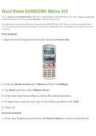 But cannot place outgoing calls (except for emergency numbers) until you unlock the phone. Hard Reset Samsung Metro 313 Manualzz