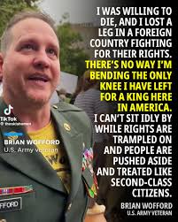 There's no way I'm bending the only knee I have left for a king here in  America." U.S. Army Veteran #NoKings