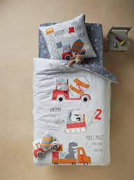 Parure de lit en coton de qualité 1 housse de couette neuve en 186cm + 1. Parure Housse De Couette Taie D Oreiller Dino Truck Bleu Grise Vertbaudet