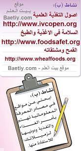 ابحثي عن مواقع في مصادر المعرفة تهتم بامر الغذاء والتغذية ودونيها لزميلاتك للاستفادة منها بيت العلم