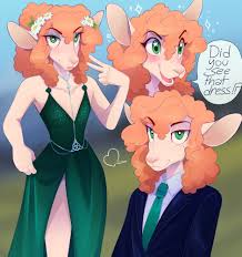 333784 - safe, artist:heresvix, bovid, caprine, domestic sheep, mammal,  sheep, anthro, 2024, 2d, ambiguous gender, blushing, bottomwear, clothes,  commission, dress, flower, flower in hair, freckles, green eyes, hair, hair  accessory, orange hair,