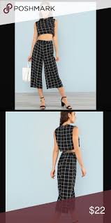 Black And White Crop Top And Skirt Set Black And White Grid Set Black With White Lines That Make Grid Pattern Crop Top And Wide Leg Pant Both Included Black And White Black Two Piece Skirt Set