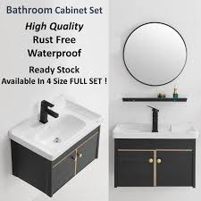 This one has an industrial look. Instock Bathroom Basin Vanity Set Bathroom Cabinet Basin Cabinet And Round Black Mirror Furniture Home Living Bathroom Kitchen Fixtures On Carousell
