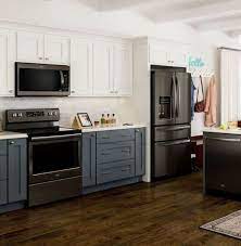 This Is My Dream Top Cabinets White Bottom Cabinets Grayish Blue Gold H Black Appliances Kitchen Kitchen Cabinets With Black Appliances Kitchen Remodel