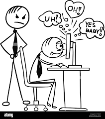 Cartoon vectores viendo porno doodle stickman;la pornografía sexual;  contenido de películas de vídeo en la pantalla de ordenador durante el  trabajo, trabajo con boss de pie detrás de él Imagen Vector de