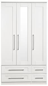 Top view 3d drawing of a tall fitted wardrobe with slim doors and steel button knobs. York White Ash 3 Door Tall Mirror Combi Wardrobe Cfs Furniture Uk