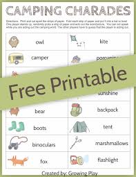 Camping Charades Game For Kids Free Printable Growing Play Free Games For Kids Camping Activities For Kids Camping Games Kids
