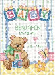 Patterns preceded by an asterisk (*) are in pdf format. Amazon Com Dimensions Counted Cross Stitch Kit Baby Blocks And Teddy Bear Birth Record Personalized Baby Gift 14 Count White Aida 5 X 7