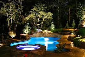 Custom Landscaping With Pool And Outdoor Lighting Pool Landscaping Landscape Lighting Design Pool Light