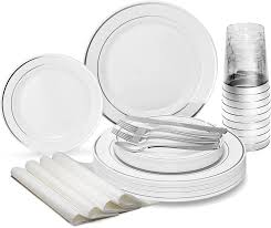 A cocktail dinner or food bar reception is where the format for the evening is like a cocktail party with guests mingling throughout the evening while some older family members may not be familiar with this format and feel uncomfortable or surprised if they are not made aware of the format before arriving. Amazon Com Occasions 200pcs Set 25 Guests Heavyweight Wedding Party Disposable Plastic Plate Set 25 X 10 5 25 X 7 5 Silverware Cups Linen Like Paper Napkins White Silver Rim Kitchen Dining