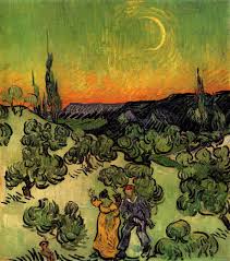 Couple Walking Among Olive Trees In A Mountainous Landscape With Crescent Moon By Dutch Post Artist Van Gogh Van Gogh Landscapes Vincent Van Gogh Paintings