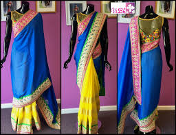Beautiful Color Combo Of Blue And Yellow Georgette Half And Half Saree With Zari Embroidered Paisley Motifs On The Con Blouse Design Models Saree Designs Saree