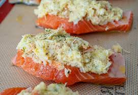 This recipe for stuffed salmon is great because it is like having a main dish and a side dish in one! Costco S Crab Stuffed Salmon Crab Stuffed Salmon Costco Stuffed Salmon Recipe Seafood Entrees