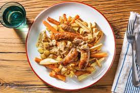 sausage pear and root veg traybake recipe hellofresh recipe tray bake recipes caramelized carrots caramelized onions