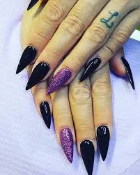 Pointy Black Acrylic Nail Ideas 11 Bold Pointy Nail Ideas For This Year 10 Black Pointy Nails With Purple Glitter Accent Nail Pointy Nails Black And Purple Nails Acrylic Nails Stiletto