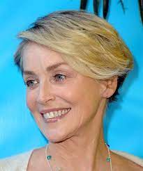 .@sharonstone is grateful for the advice she received from directors like martin scorsese. Sharon Stone Short Straight Light Blonde Asymmetrical Hairstyle With Side Swept Bangs