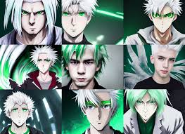 KREA - white haired young guy with green eyes, anime portrait, ecchi style,  genshin impact, high quality, octane engine, very close shot, fisheye