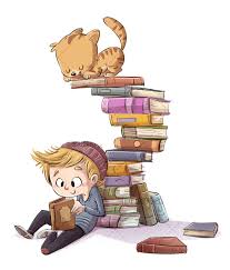 Boy Reading A Book With Cat On Top Of Many Books In 2020 Reading Cartoon Cartoon Background Art Drawings For Kids