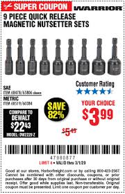 Warrior Sae Quick Release Magnetic Nutsetter Set 9 Pc For 3 99 Harbor Freight Tools Coupon Book Magnets