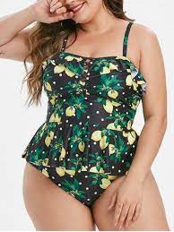 Plus Size Lemon Print Ruffle Peplum Tankini Swimsuit Plus Size Tankini Peplum Tankini Swimsuit Tankini Swimsuits For Women