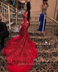 Red Sequin Feather Open Back Long Mermaid Prom Dress Prom Dress With Train Prom Dresses Long Mermaid Prom Dresses Long With Sleeves