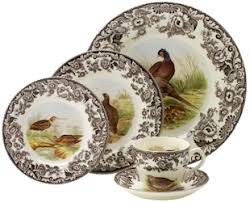 Brown floral border, animal scenery. Spode Woodland Dinnerware