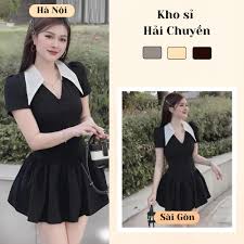 BIG SALE 5/5] Đầm xoè form bồng ngắn phối cổ sơmi trắng Kho Sỉ Hải Chuyền  Đ121 | Shopee Việt Nam