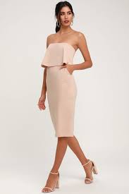 Lots Of Love Beige Strapless Midi Dress In 2020 Strapless Midi Dress Ruffled Maxi Dress Dresses