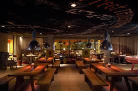 Communal Tables Picnic Tables With Cutout In Middle For Cords Plugs Mama Shelter Restaurant Interior Design Philippe Starck