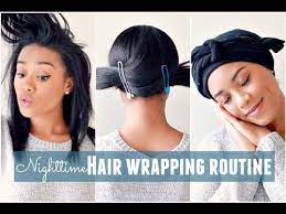 Wrapping sections around the head and keeping the sections straight and taut will give your hair a smooth, relaxed look. Nighttime Hair Wrapping Routine Video Black Hair Information Relaxed Hair Hair Wraps Relaxed Hair Care
