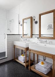 I love the look of white oak floors!! Shared Kids Bathroom With Black Hexagon Tiles Transitional Bathroom