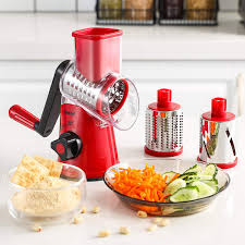 A vegetable slicer might feel like it isn't an essential item in a kitchen, but once you see what they can do (and how much time they can save you) then you will probably be looking to find the best vegetable slicers to use either at home or in a commercial kitchen. Buy Geedel Rotary Cheese Grater Kitchen Mandoline Vegetable Slicer With 3 Interchangeable Blades Easy To Clean Rotary Grater Slicer For Fruit Vegetables Nuts Online In Vietnam B07p6g5l35