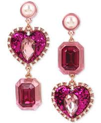 Betsey Johnson Rose Gold Tone Pink Stone Glitter Heart Imitation Pearl Mismatch Drop Earrin Pink Crystal Earrings Betsey Johnson Earrings Pink Drop Earrings