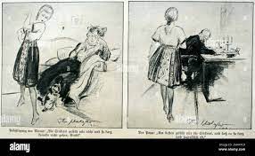 Karikatur von Theo Matejko (1893-1946) von 1921 zur unterschiedlichen  Auffassung beider Elternteile über die neue mode der Tochter im  Backfischalter Photo Stock - Alamy
