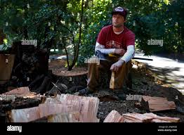 Danny Dempsey, 25 years old, takes a rest after chopping wood in Skylonda,  Calif.,