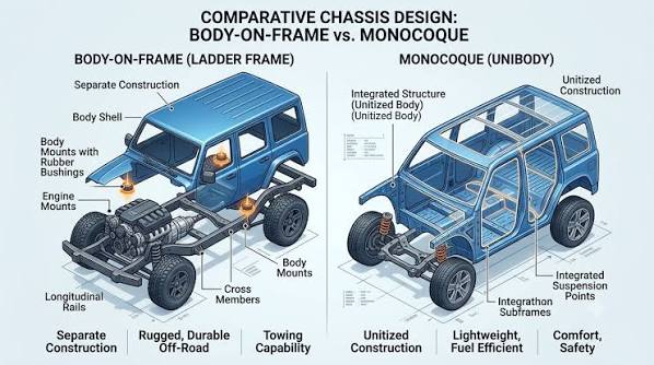 BE TECHNICAL WITH SPEEDYSOULS PART-8 LADDER ON FRAME CHASIS VS MONOCOQUE Ladder  frame: parallel rails with cross members, sturdy for trucks. Monocoque:  integrated body-frame structure, common in modern cars for agility and