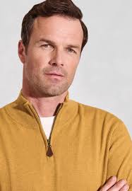 Sussex Mustard Cotton Merino Zip Neck Sweater