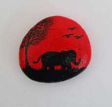 Painted Rock Elephant Tree And Birds Silhouette Original Art Painting On Stone The Pebble Is Painted With Wat Stone Painting Pebble Art Stone Art Painting