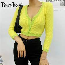 Bazaleas Streetwear Yellow Green Patchwork Knitted Cardigan Vintage Long Sleeve Buttons Crop Top Basic Cropped Sweater Cardigans Aliexpress