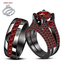 Black And Red Rings For Her Red Garnet 14k Black Gold Plated 925 Silver His Her Engagement Trio Ring Set Black Gold Ring Black Wedding Rings Black Gold Jewelry