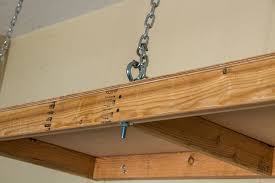You can make the shelves in the exact shape and size that you need and you can arrange them however you think is best for your garage. Eye Bolt In Hanging Garage Shelves Hanging Garage Shelves Garage Shelf Garage Organization