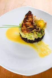 Halibut Cheeks With Kiwi Macadamia Avocado Tartare Recipe Seafood Recipes Healthy Paleo Seafood Recipes Fish Recipes