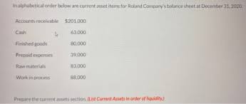 In cases of identical items like élise and elise then typically the word without the accent would be listed. In Alphabetical Order Below Are Current Asset Items For Roland Company S Balance Sheet At December 31 Homeworklib