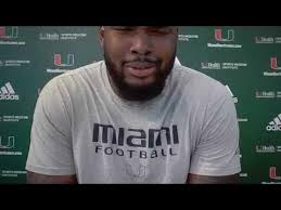 Jared Harrison-Hunte, Miami Defensive Lineman, talks with media ahead of  FSU game