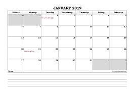 2019 Excel Monthly Calendar With Notes Free Printable Templates