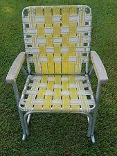 Vintage Webbed Aluminum Lawn Chair Folding Yellow White Rocker Rocking Chair Outdoor Chairs Camping Chairs Chair