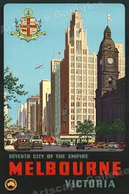 1940s Melbourne Seventh City Vintage Style Australian Travel Poster 16x24 Posters Australia Vintage Travel Posters Travel Posters
