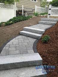 Paver Walkway Granite Steps To Make A Steep Slope Manageable By Lightning Landscape Inc Front Walkway Landscaping Walkway Landscaping Front Yard Walkway